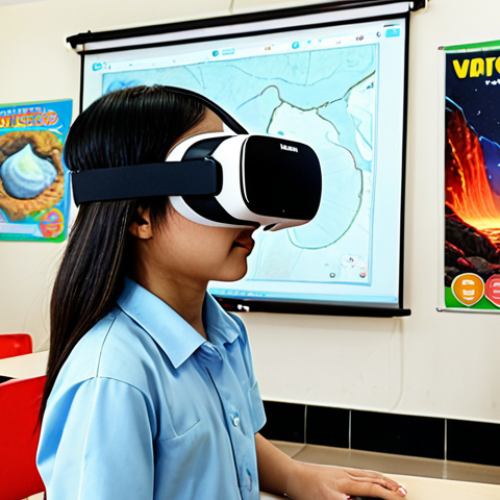 **

A vibrant, interactive VR learning environment in a Vietnamese classroom. Students are wearing VR headsets and engaging with a lesson about volcanoes. One student is reaching out to touch a virtual lava flow. The classroom is modern, with colorful decorations and Vietnamese educational posters.

**