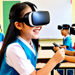 ** A vibrant, colorful scene depicting children joyfully interacting with AR/VR learning tools in a classroom setting. The children are smiling and engaged, with a teacher facilitating the activity. Focus on conveying a sense of fun and excitement in learning. Include elements that resonate with Vietnamese culture or imagery, such as traditional toys or patterns subtly incorporated into the classroom design.
**Prompt:** "Children joyfully learning with AR/VR in a vibrant Vietnamese classroom, teacher facilitating, focus on fun and engagement."

**
