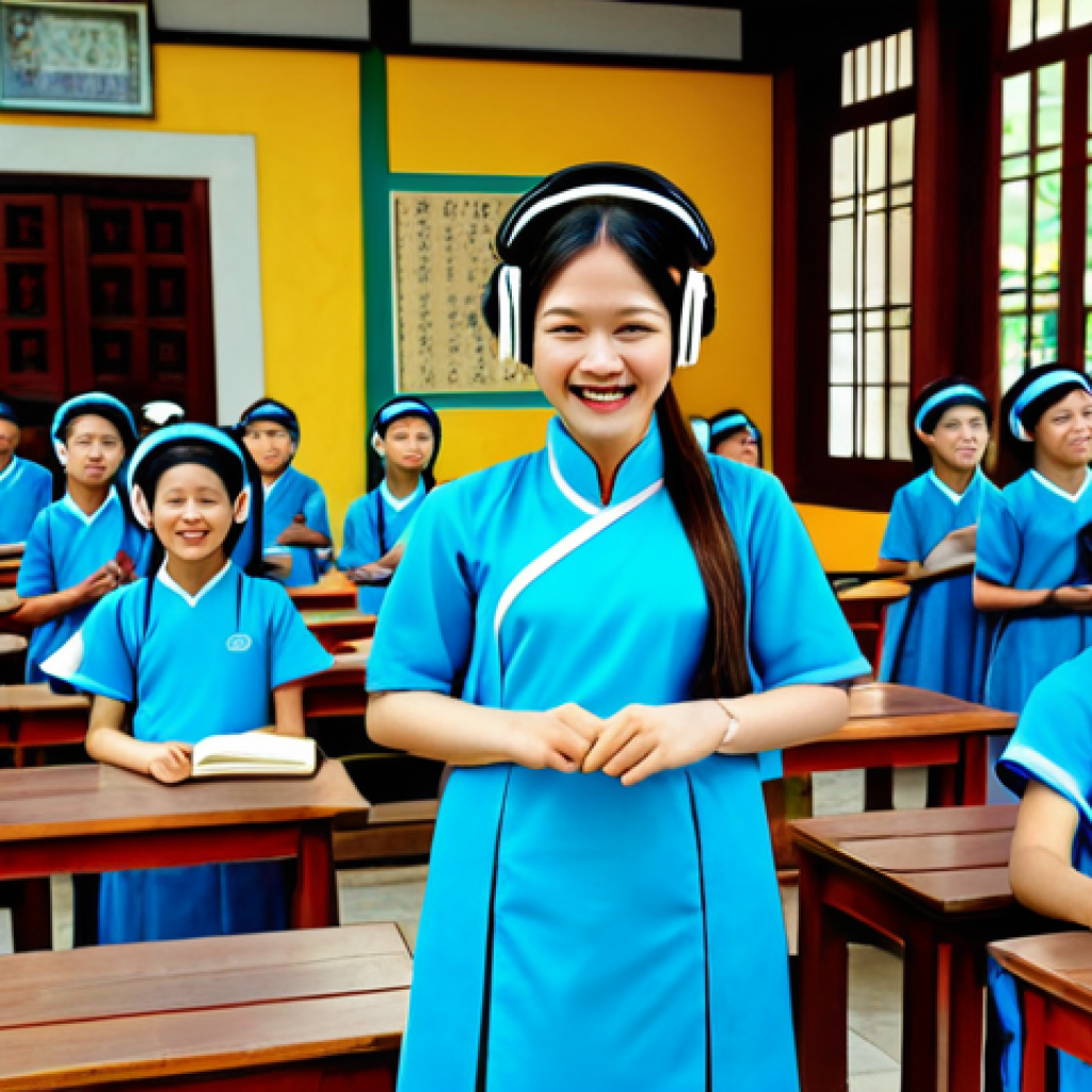 Ancient Civilization Classroom**

"Students in a modern Vietnamese classroom, wearing MR headsets, are virtually exploring a detailed recreation of the Temple of Literature in Hanoi. One student points in amazement at a 3D model of a traditional Vietnamese house. The teacher, in Ao Dai, smiles encouragingly. Safe for work, appropriate content, fully clothed, professional, perfect anatomy, correct proportions, natural pose, well-formed hands, proper finger count, natural body proportions, vibrant colors, high resolution, educational setting, modest clothing."

**