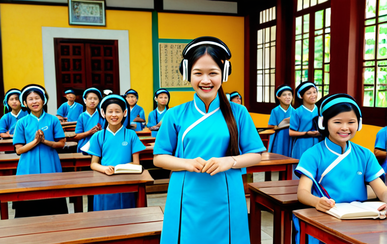 Ancient Civilization Classroom**

"Students in a modern Vietnamese classroom, wearing MR headsets, are virtually exploring a detailed recreation of the Temple of Literature in Hanoi. One student points in amazement at a 3D model of a traditional Vietnamese house. The teacher, in Ao Dai, smiles encouragingly. Safe for work, appropriate content, fully clothed, professional, perfect anatomy, correct proportions, natural pose, well-formed hands, proper finger count, natural body proportions, vibrant colors, high resolution, educational setting, modest clothing."

**