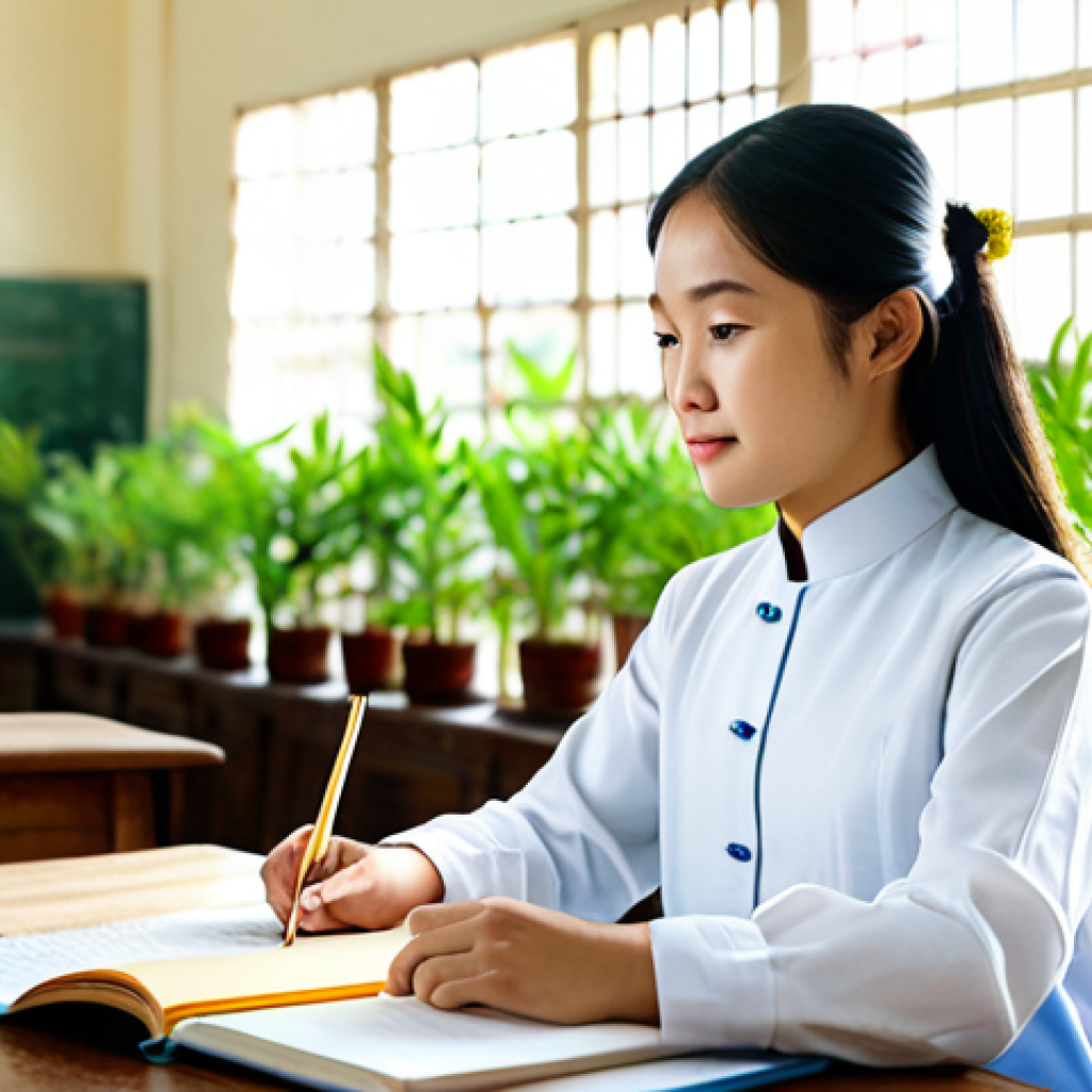 혼합현실 교육을 위한 전문가 팁 - **Subject:** A young Vietnamese student in a traditional *ao dai* (long tunic dress) studying dilige...