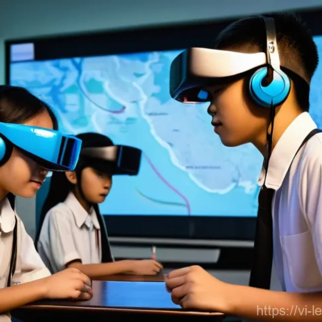 혼합현실 교육과 신뢰성 구축 전략 - **Prompt:** A vibrant, dynamic image of a diverse group of Vietnamese middle school students (ages 1...