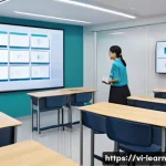 혼합현실 교육의 성과 분석 방법 - A modern Vietnamese classroom setting with diverse adult learners using mixed reality headsets and m...