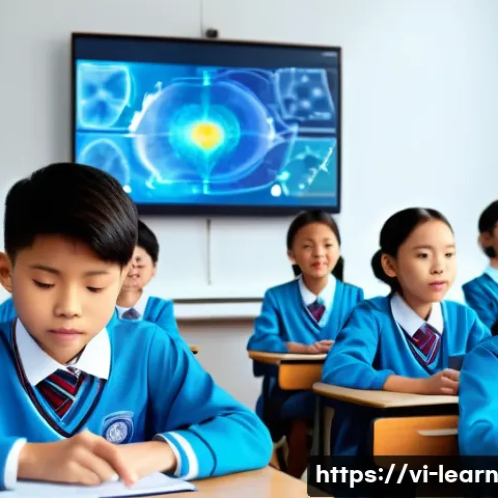 혼합현실 교육의 이론적 배경 - A modern Vietnamese classroom scene featuring diverse students wearing school uniforms and interacti...