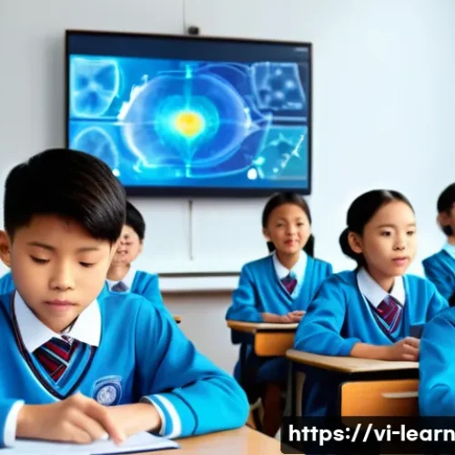 혼합현실 교육의 이론적 배경 - A modern Vietnamese classroom scene featuring diverse students wearing school uniforms and interacti...
