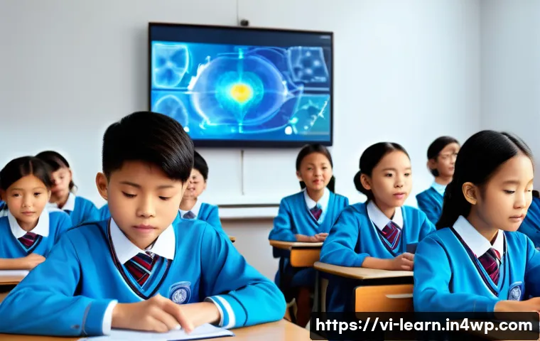 혼합현실 교육의 이론적 배경 - A modern Vietnamese classroom scene featuring diverse students wearing school uniforms and interacti...