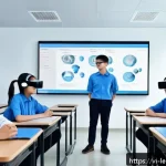 혼합현실 교육의 연구개발 동향 - A modern Vietnamese classroom equipped with mixed reality headsets like Microsoft HoloLens, showing ...