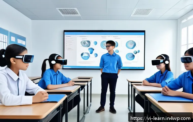 혼합현실 교육의 연구개발 동향 - A modern Vietnamese classroom equipped with mixed reality headsets like Microsoft HoloLens, showing ...