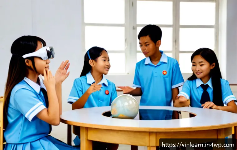 혼합현실 기반 교육 콘텐츠 디자인 원칙 - Photorealistic mixed reality science lesson in a bright modern Vietnamese secondary school classroom...